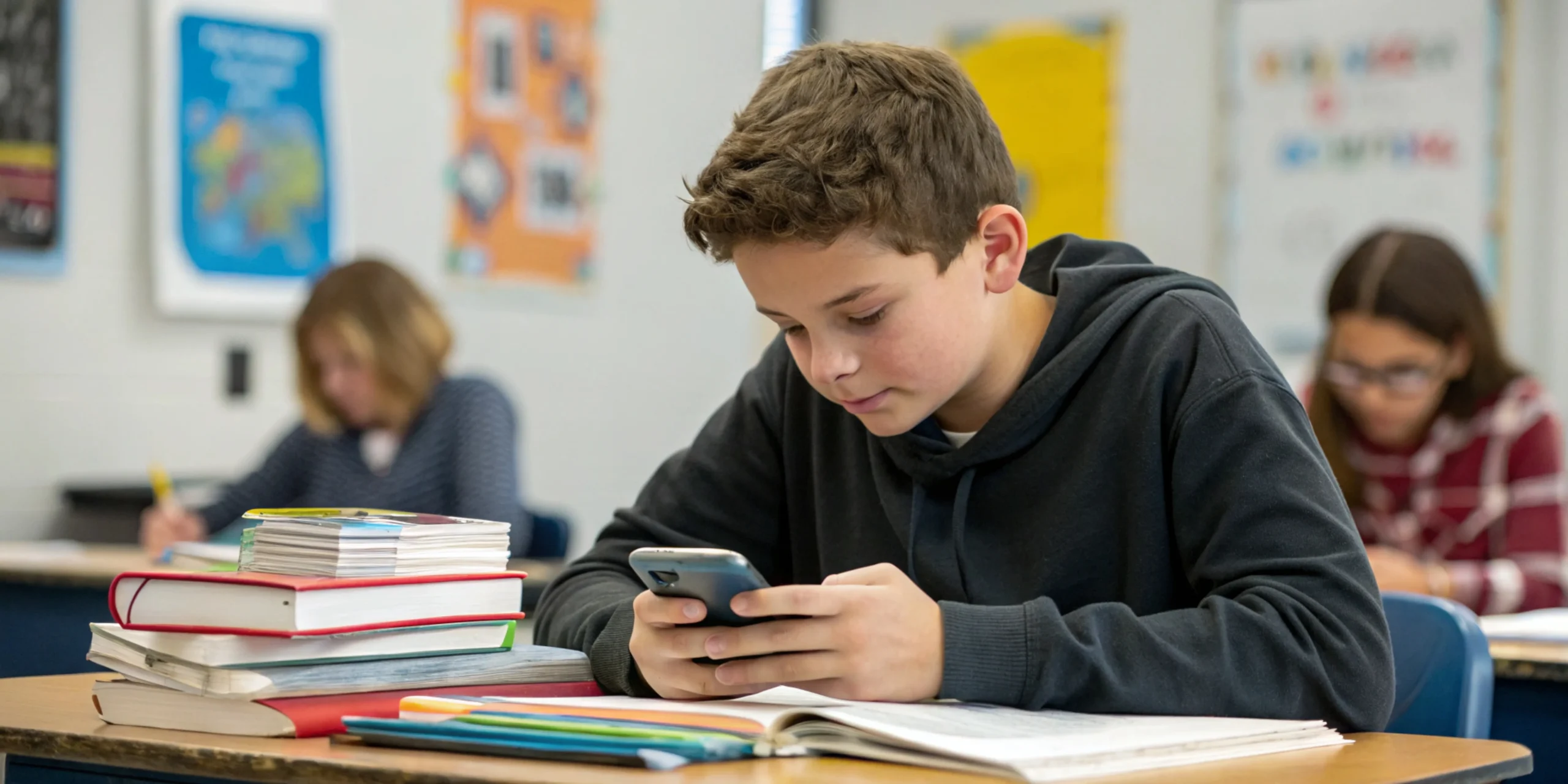 student boy with smartphone texting school zon